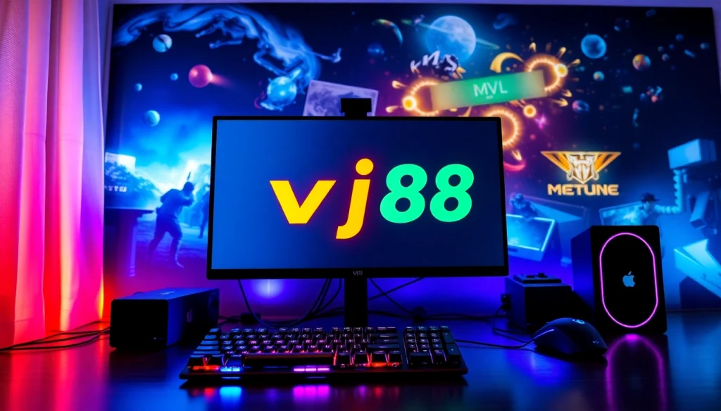 Gamers engaging with a vibrant vj88 logo on their high-end digital setup.