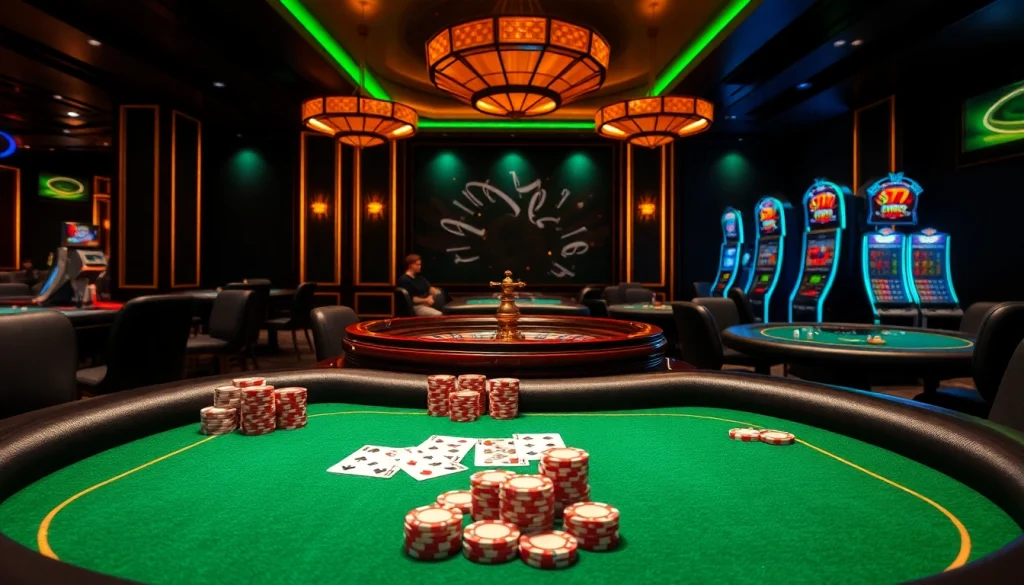 79king poker table with vibrant casino lighting, featuring betting action on high-stake games with roulette wheel and premium poker chips.