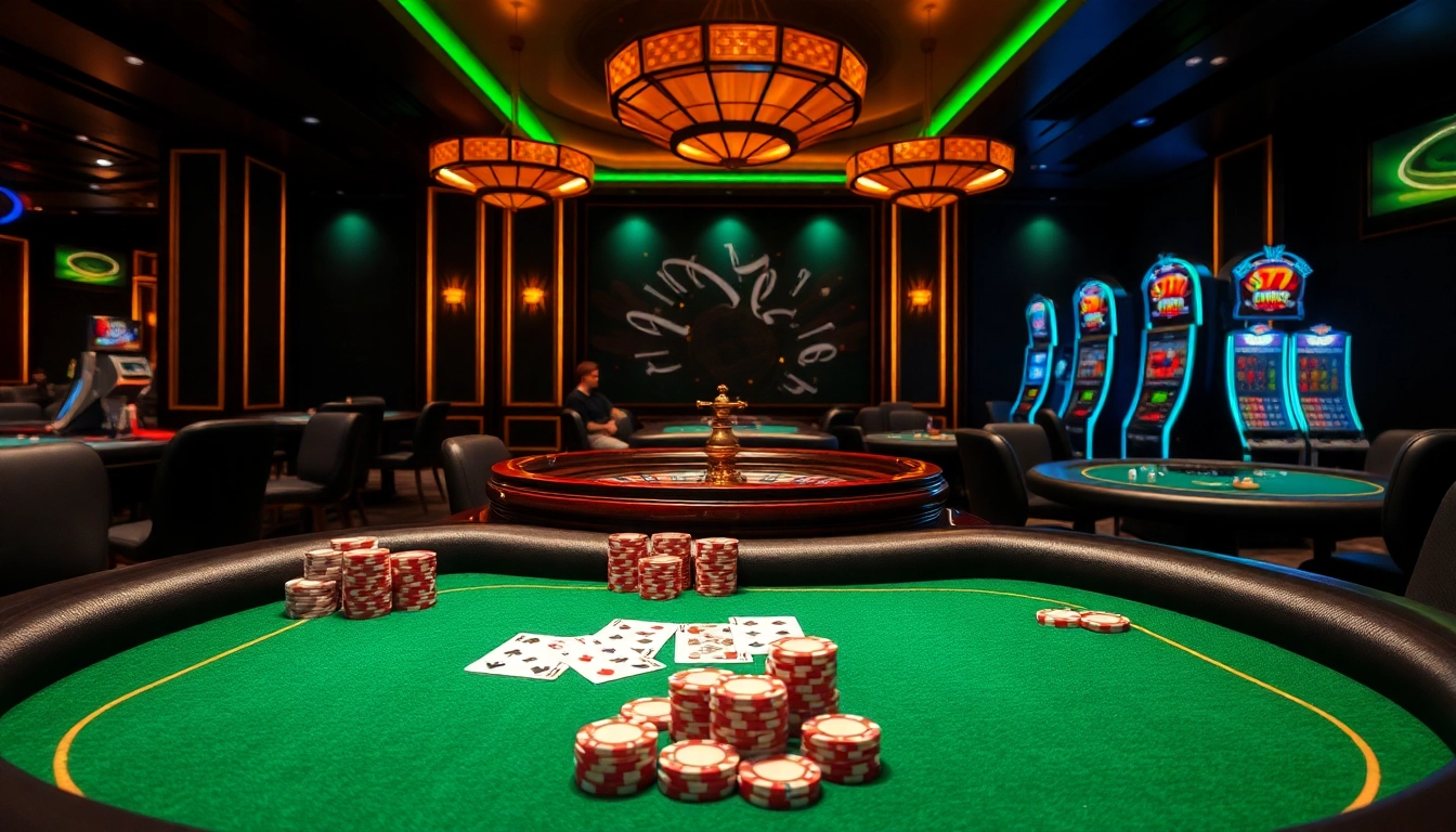 79king poker table with vibrant casino lighting, featuring betting action on high-stake games with roulette wheel and premium poker chips.