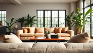 Desain ruang tamu modern dari www.oscarliving.co.id dengan sofa elegan dan tanaman hijau segar.