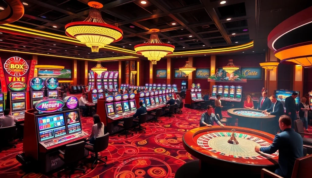 Experience the vibrant gambling world of KJC AC 1 with players enjoying casino tables and slot machines.