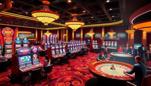 Experience the vibrant gambling world of KJC AC 1 with players enjoying casino tables and slot machines.