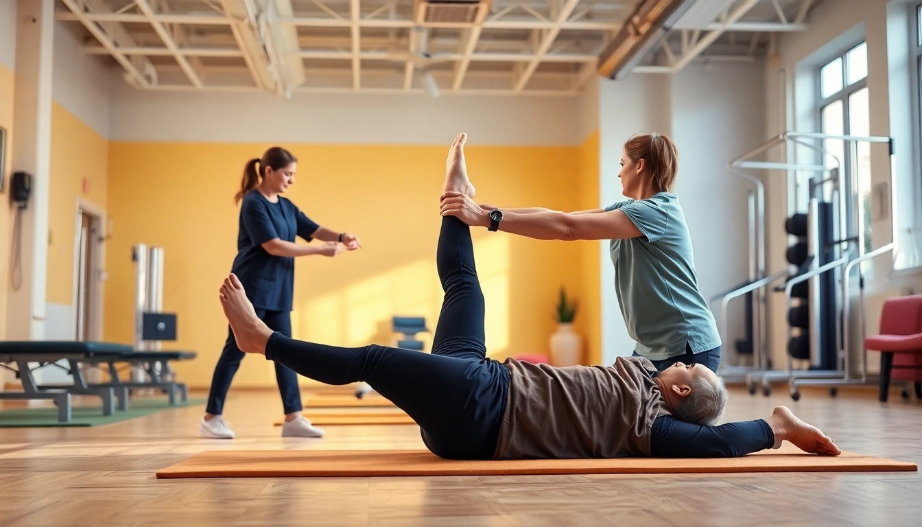 Engaging session at Health in Motion Rehabilitation with a therapist guiding a patient through exercises.