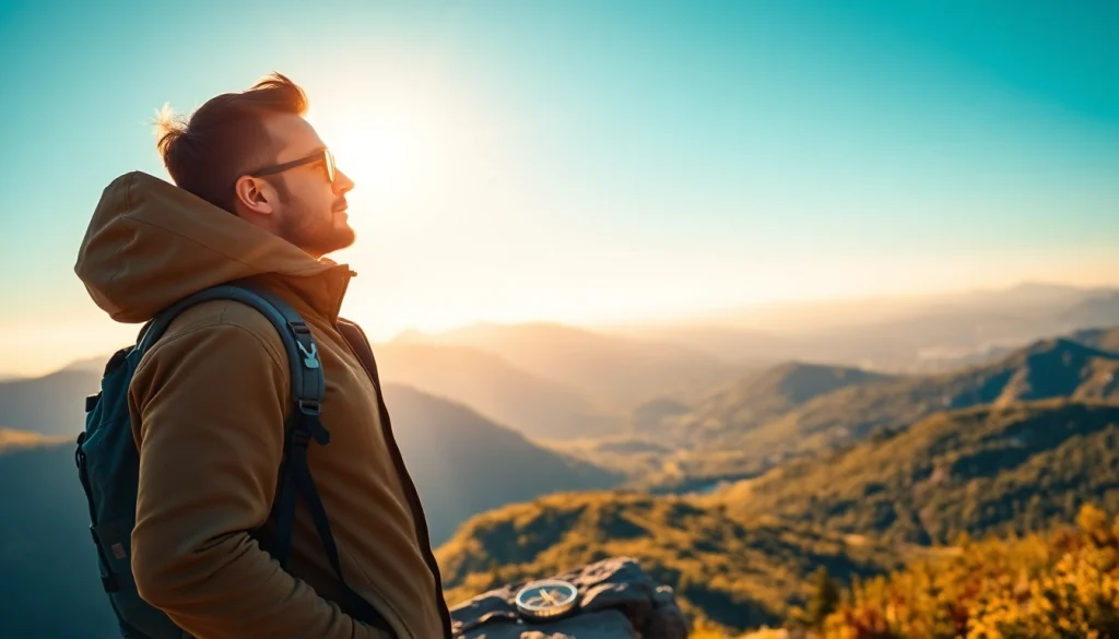 Traveler contemplating the view from a mountain peak at https://travelvixta.com, showcasing adventure and nature.