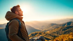 Traveler contemplating the view from a mountain peak at https://travelvixta.com, showcasing adventure and nature.