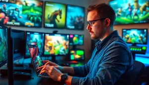 Engaging scene of outsourced game testing with a professional tester at work in a stylish gaming studio.