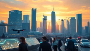 Imagine the impact of technology on society at https://mohamedmmblog.tech, featuring a futuristic cityscape.