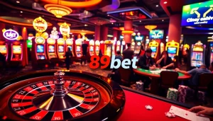 Experience the thrill at 89bet casino with poker tables and roulette wheels glowing under vibrant lights.
