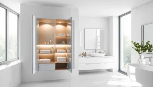 Entdecken Sie den eleganten sonni Spiegelschrank mit integrierter LED-Beleuchtung im modernen Badezimmer.