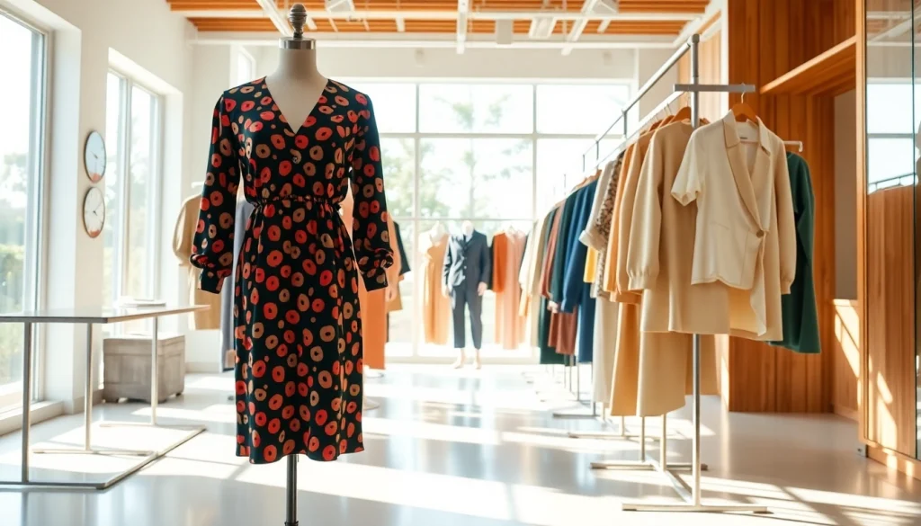 The store showcases casual fashion options from https://www.clothingcasual.com, featuring a vibrant dress on display.