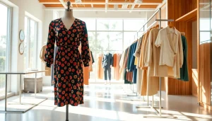 The store showcases casual fashion options from https://www.clothingcasual.com, featuring a vibrant dress on display.