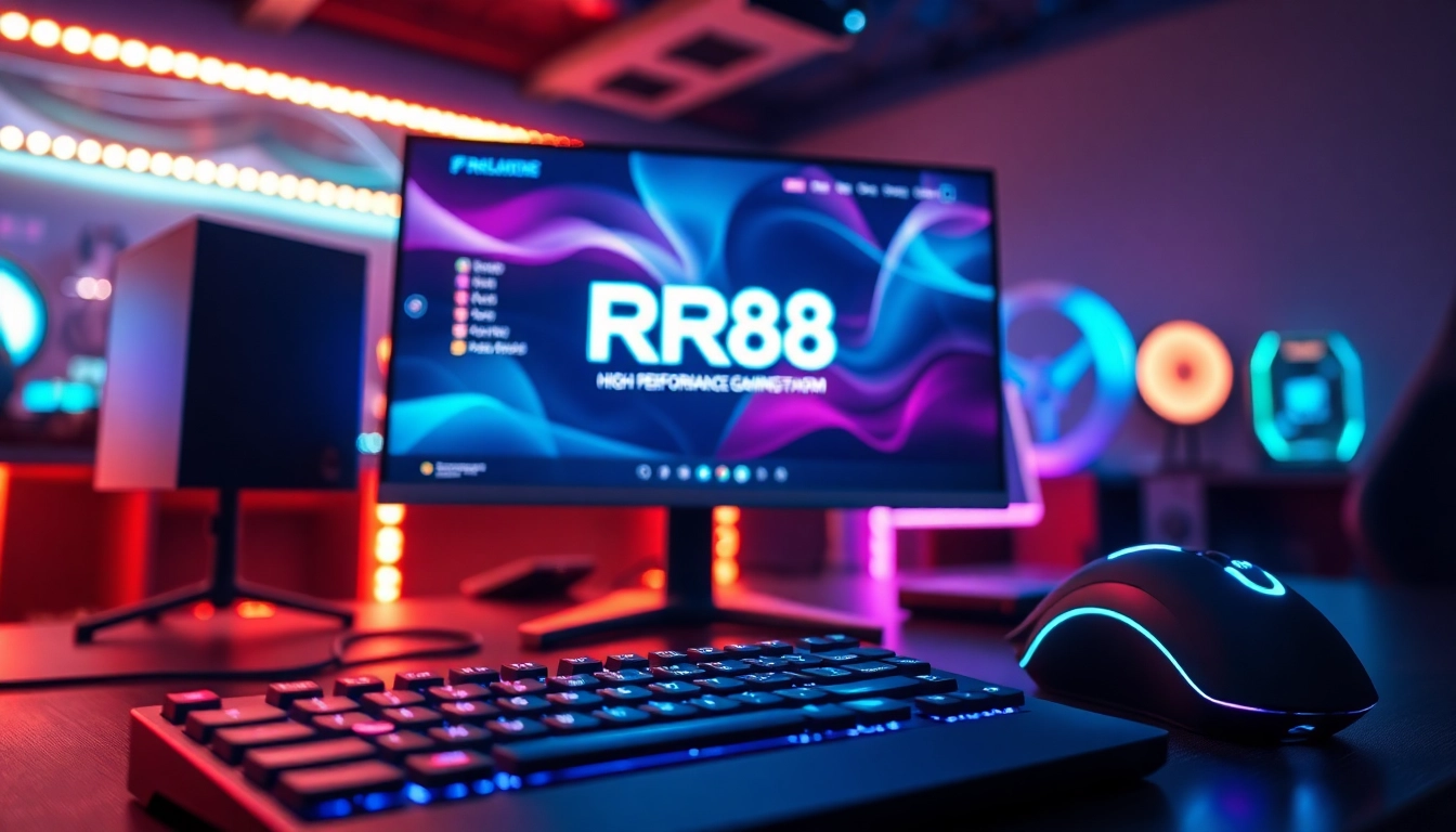 Showcasing the gaming platform RR88 in a high-performance setup with vibrant accessories and lighting.