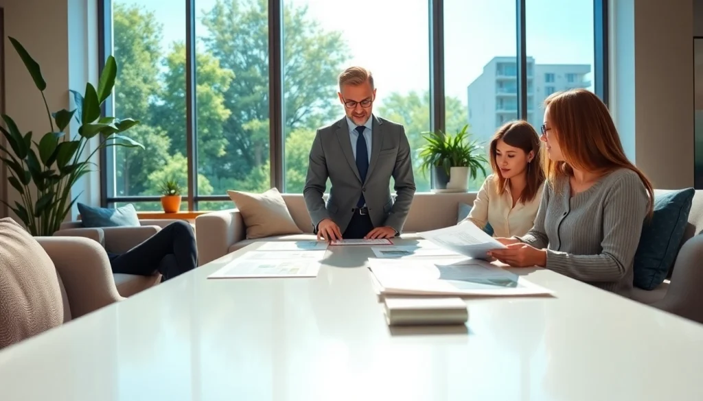 Real Estate agent engaging with clients in a modern office, discussing property options effectively.