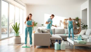 Cleaning service team professionally organizing and cleaning a bright, inviting home interior.