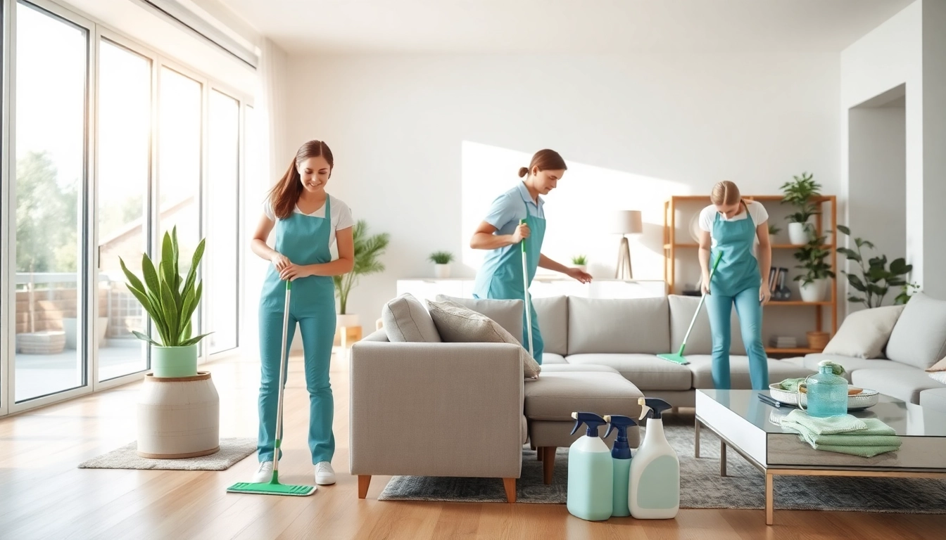Cleaning service team professionally organizing and cleaning a bright, inviting home interior.