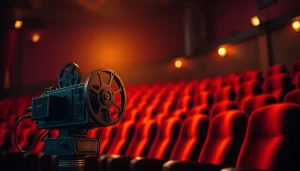 Watch classic films on https://bandarlayarkaca21.com with a vintage film projector in a cinema setting.