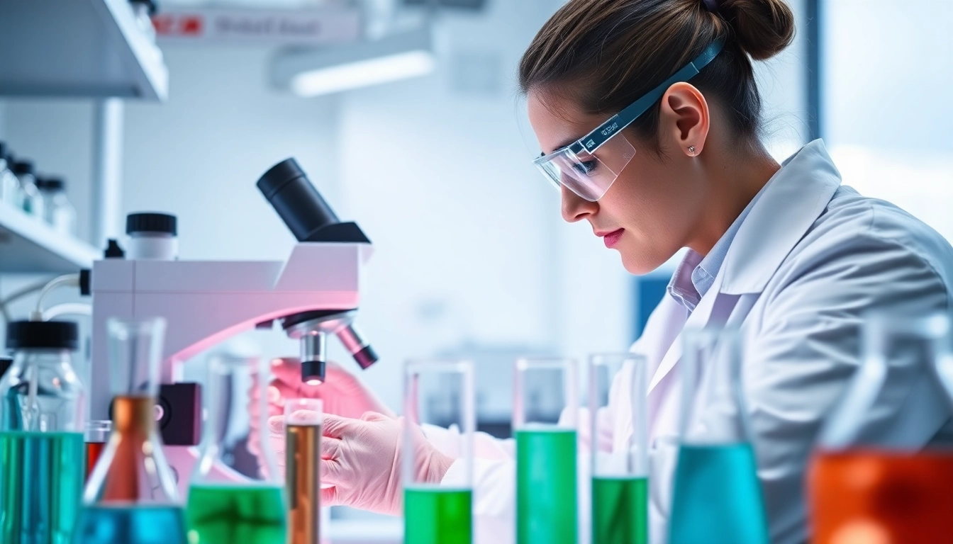 Conducting analysis on research peptides in a professional lab setting with a scientist.