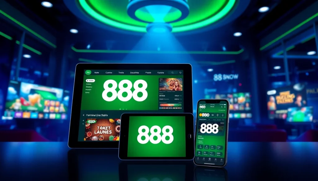 Online gambling interface of 888 New showcasing games, user-friendly design, and security features.