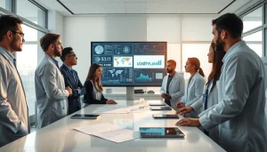 Healthcare researchers collaborating on the ADAPTABLE Aspirin Study in a modern laboratory.