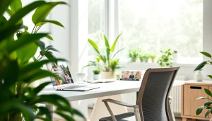 Engaging workspace highlighting wellness themes on https://healthyvix.com with modern decor and greenery.
