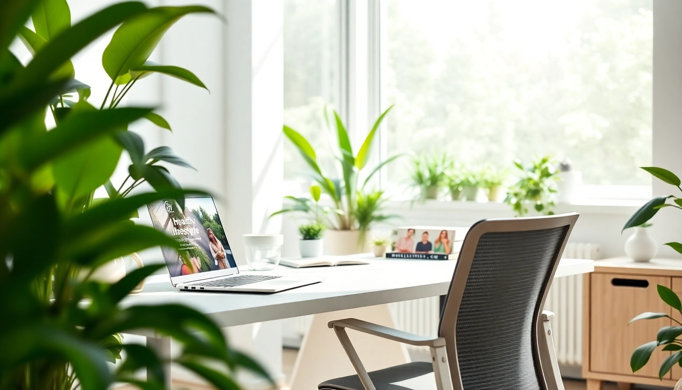 Engaging workspace highlighting wellness themes on https://healthyvix.com with modern decor and greenery.