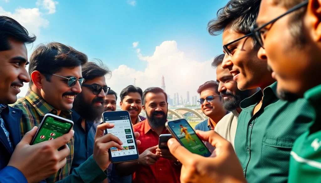 Engaging scene of the best sports betting apps in India with punters using smartphones for bets.