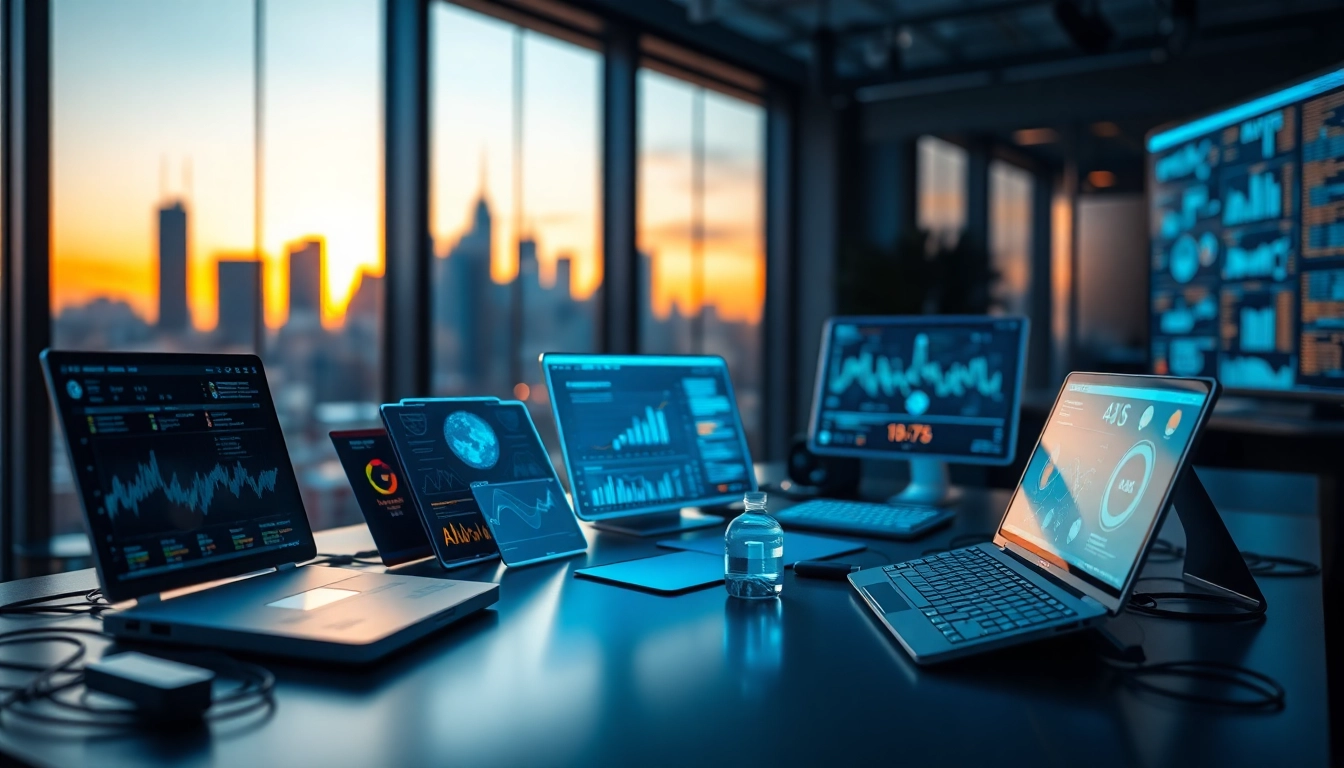 Showcasing various AI tools and software at https://best-ai-tools.org in a modern workspace with a city backdrop.