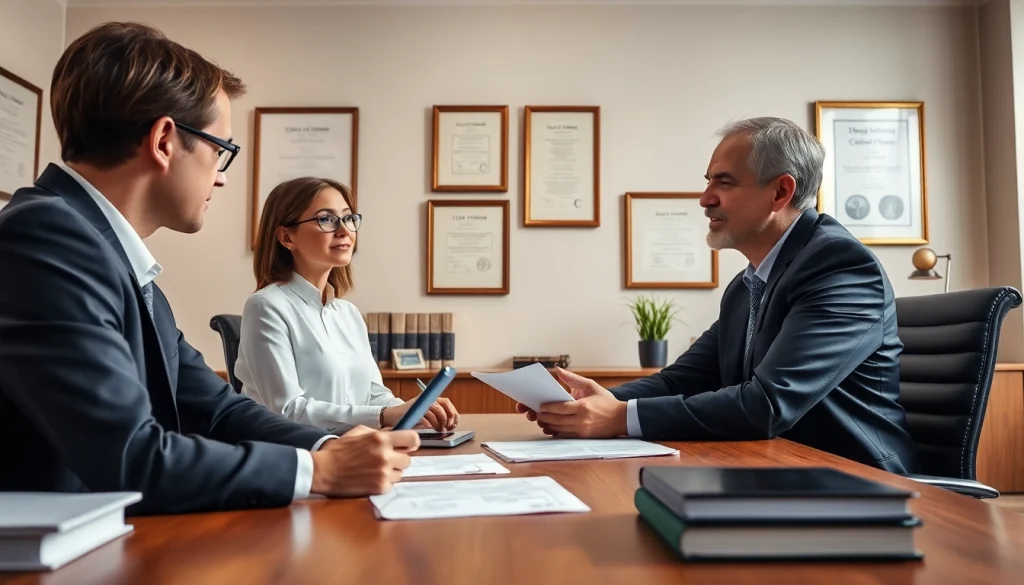 Consultation at https://www.agslawfirm.com, showcasing professional attorney and clients in a modern office setting.