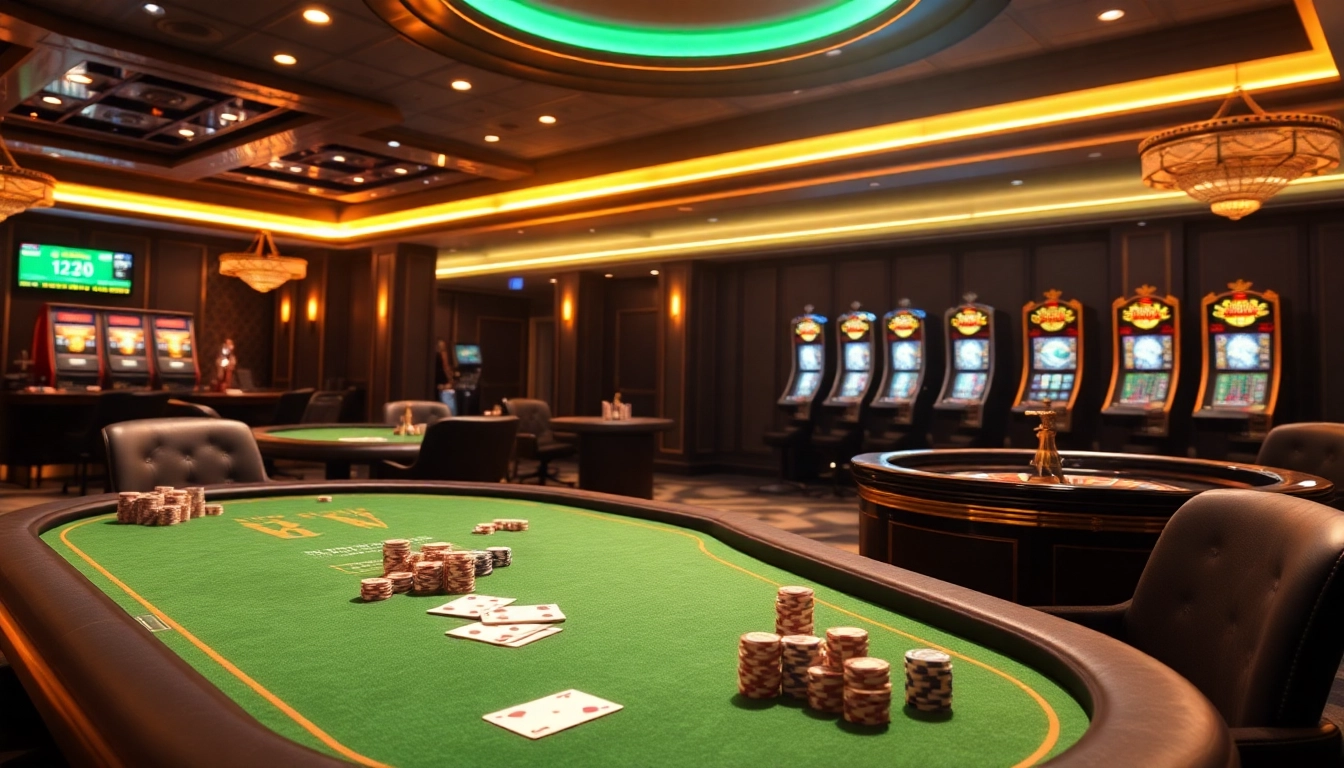 Delta i spännande vadspel med 79king vid ett lyxigt pokerbord, använd premiumpjäser och omgiven av livfulla rouletthjul och enarmade banditer.