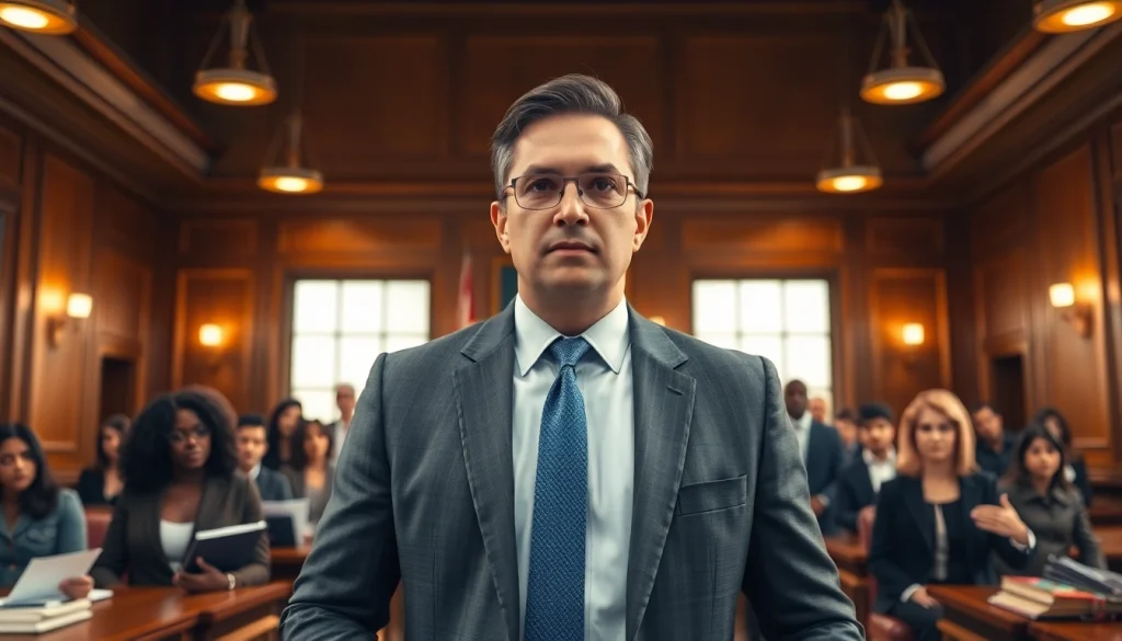 Engaging scene of a professional attorney from https://www.davidhardawaylaw.com addressing a jury in a courtroom.