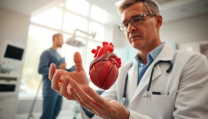 Engaging healthcare professional demonstrating Health concepts with a human heart model in a modern clinic.