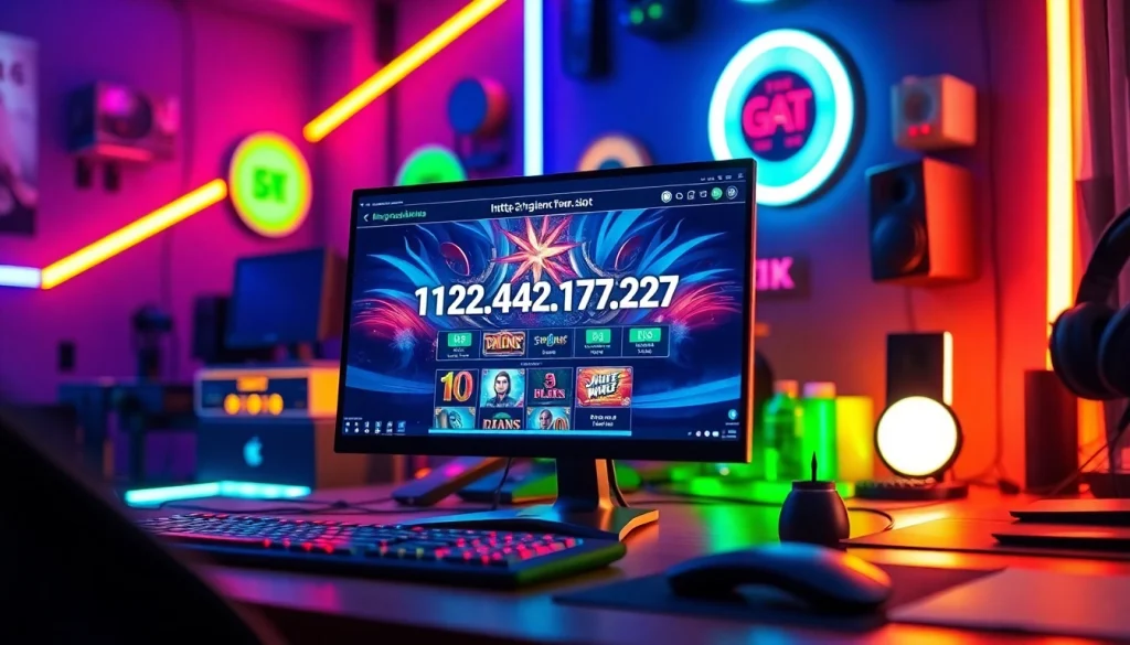 Explore a vibrant gaming setup featuring https://152.42.170.247 on a sleek screen, immersed in dynamic lighting.