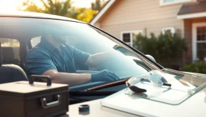 Mobile auto glass service Denver technician replacing windshield in a sunny suburban setting.