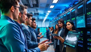 Cloud mining professionals collaborating in a modern data center, showcasing high-performance servers and cryptocurrency analytics.