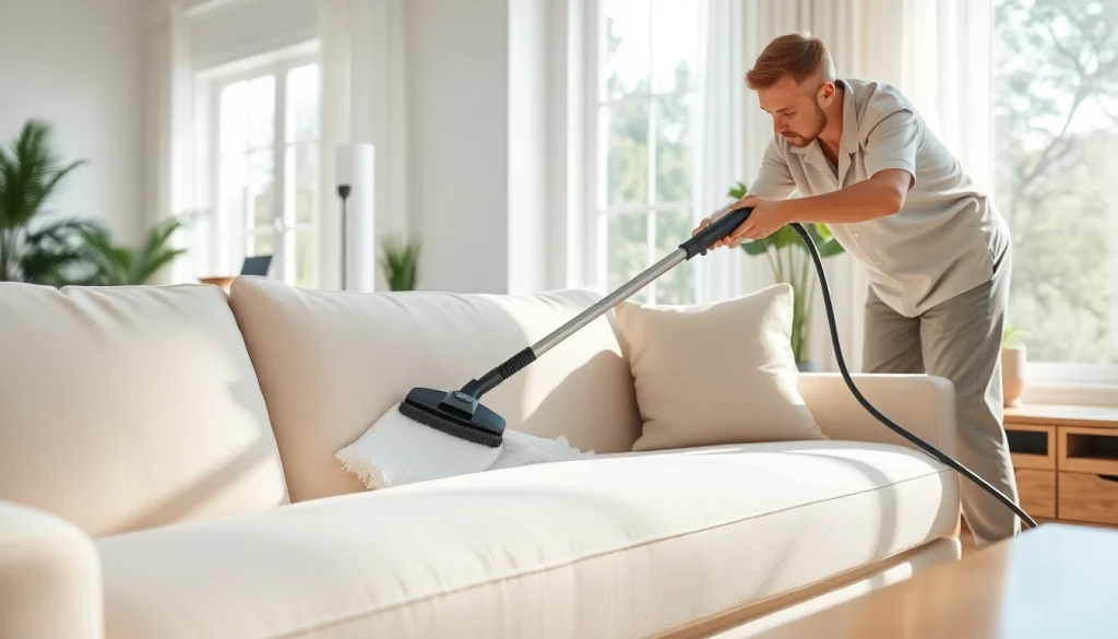 Sofa cleaning Dubai service showcasing professional cleaners in action for immaculate upholstery.