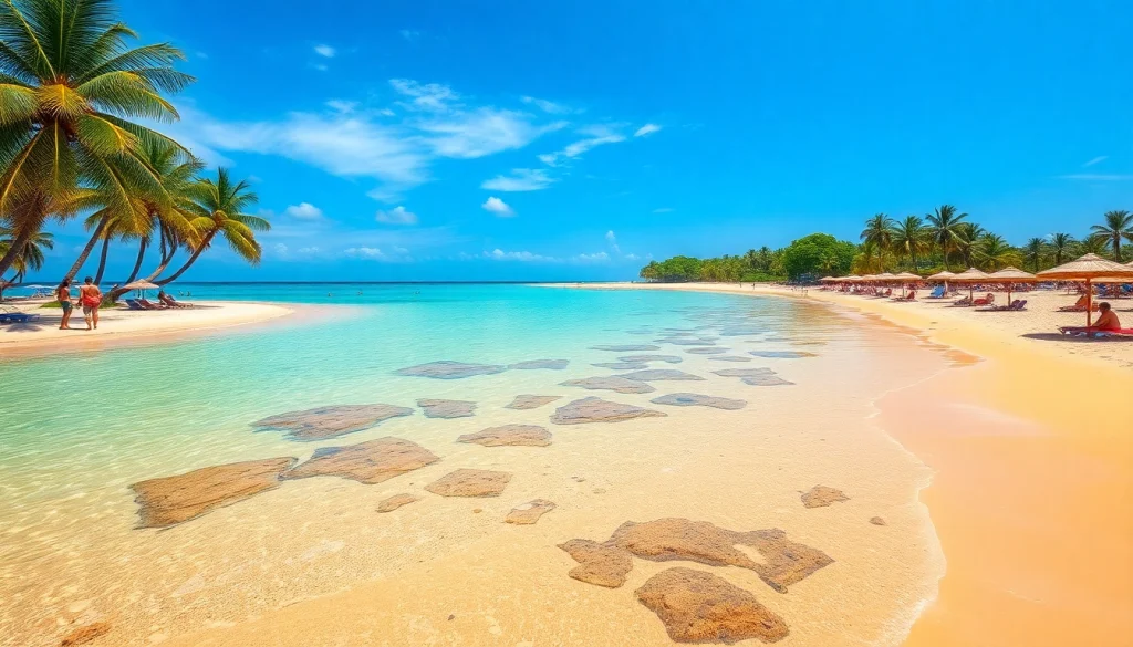 Praia de Paripueira com areias douradas e águas turquesas, com piscinas naturais e banhistas vibrantes.