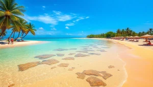 Praia de Paripueira com areias douradas e águas turquesas, com piscinas naturais e banhistas vibrantes.