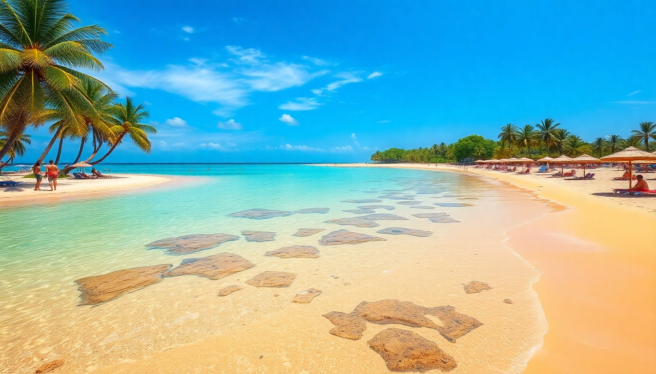 Praia de Paripueira com areias douradas e águas turquesas, com piscinas naturais e banhistas vibrantes.