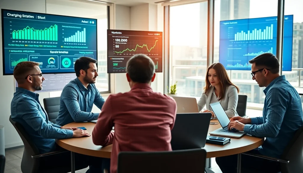 Strategic marketing planning team using https://solarxmedia.com tools in a bright office environment.