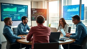 Strategic marketing planning team using https://solarxmedia.com tools in a bright office environment.