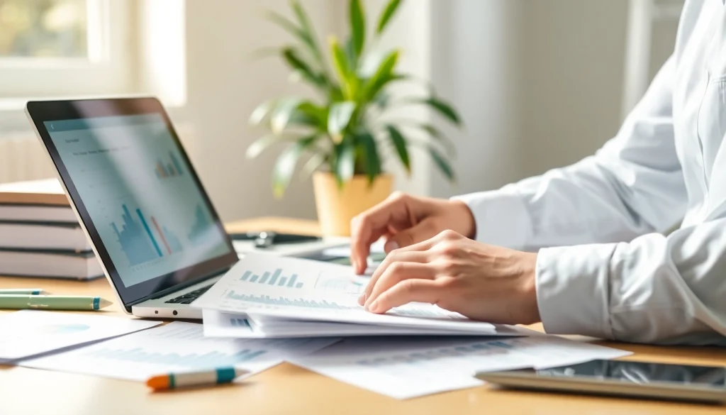 Engaging professional scene of small business accounting and bookkeeping with an accountant analyzing financial reports.