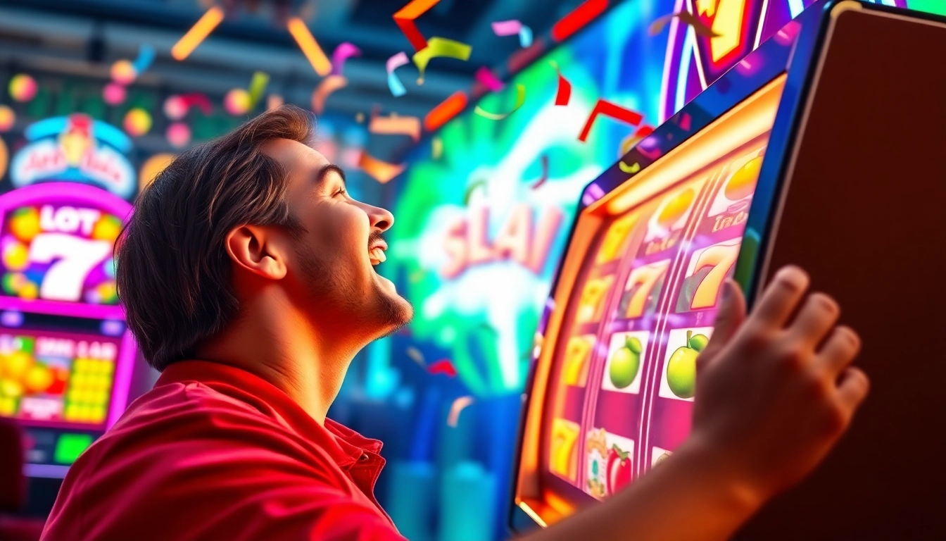 Menang besar di bro138 slot dengan mesin slot berwarna-warni dan pemain ceria.