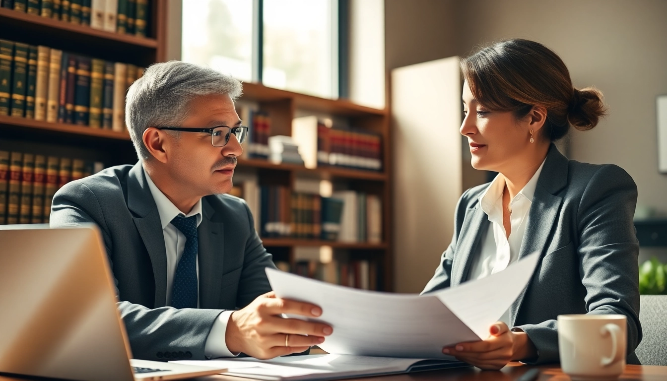 Consultation scene featuring lawyer from https://www.inmotionlaw.com advising a client in a warm office setting.