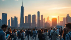 Engaging scene of people using technology in a futuristic urban setup, symbolizing 79king.