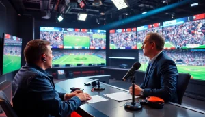 스포츠중계 중계실에서 진행자의 모습과 다양한 경기가 보이는 화면들.