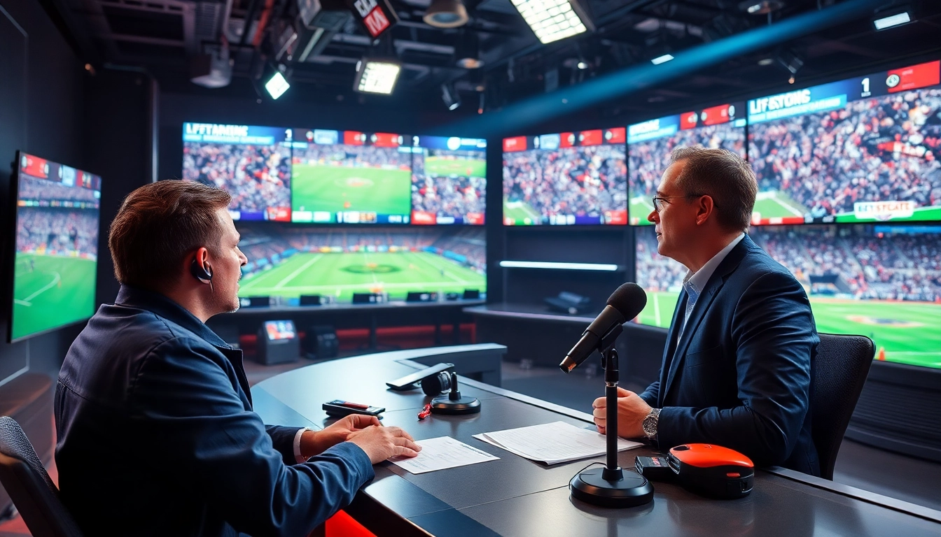 스포츠중계 중계실에서 진행자의 모습과 다양한 경기가 보이는 화면들.