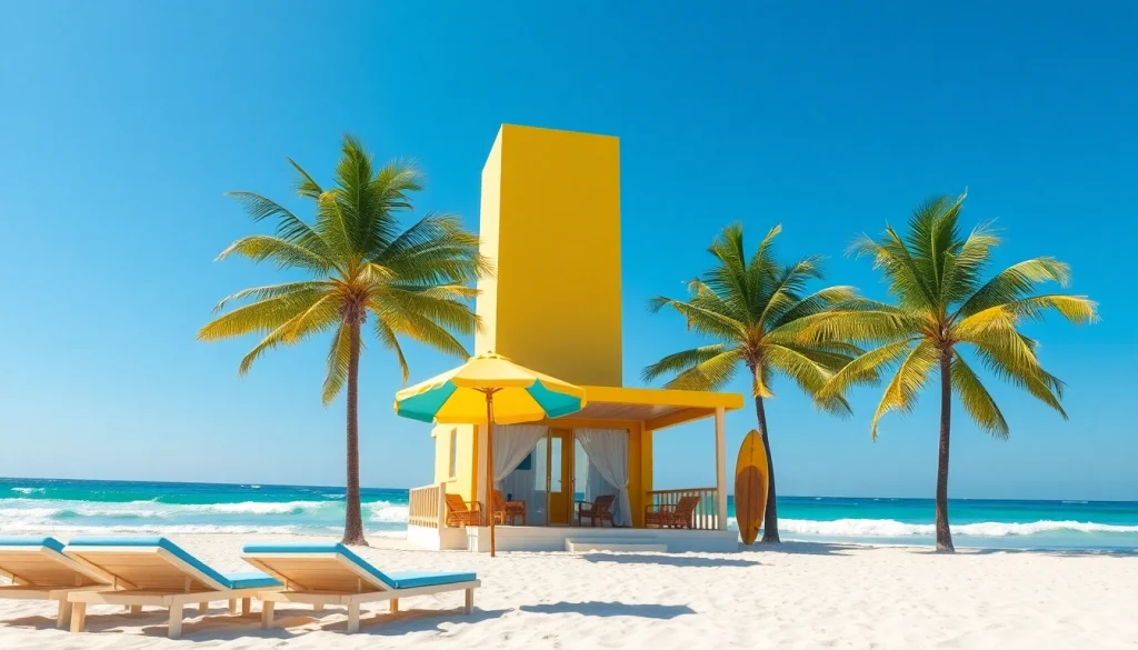 Relax at a beautiful coastal cabana by the serene beachside, surrounded by palm trees.