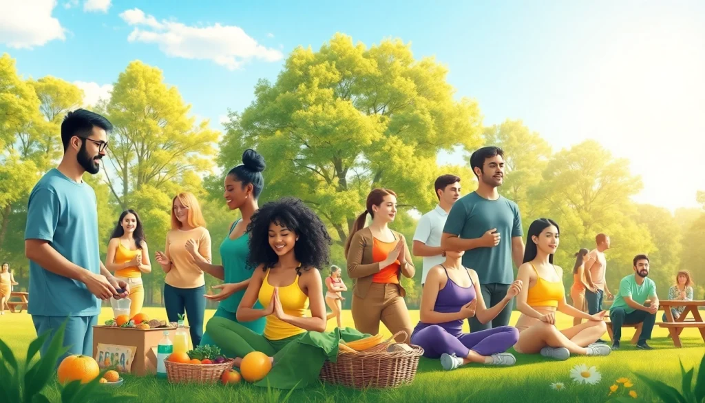 Engaging community wellness activities promoting https://healthyvix.com with diverse individuals cooking, exercising, and meditating.