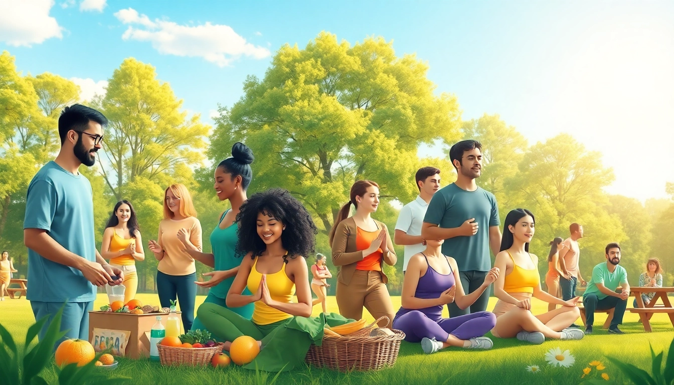 Engaging community wellness activities promoting https://healthyvix.com with diverse individuals cooking, exercising, and meditating.