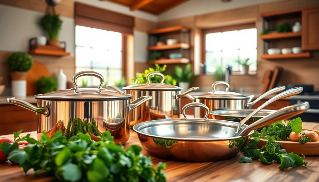 Showcasing cookware NZ with elegant pots and pans in a beautifully arranged kitchen setting.